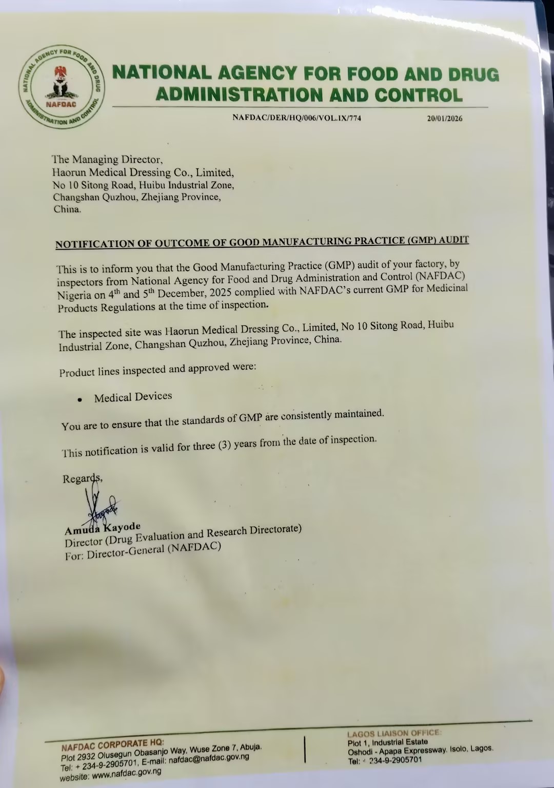 Produkty medyczne Haorun oficjalnie otrzymują certyfikat rejestracji NAFDAC w Nigerii